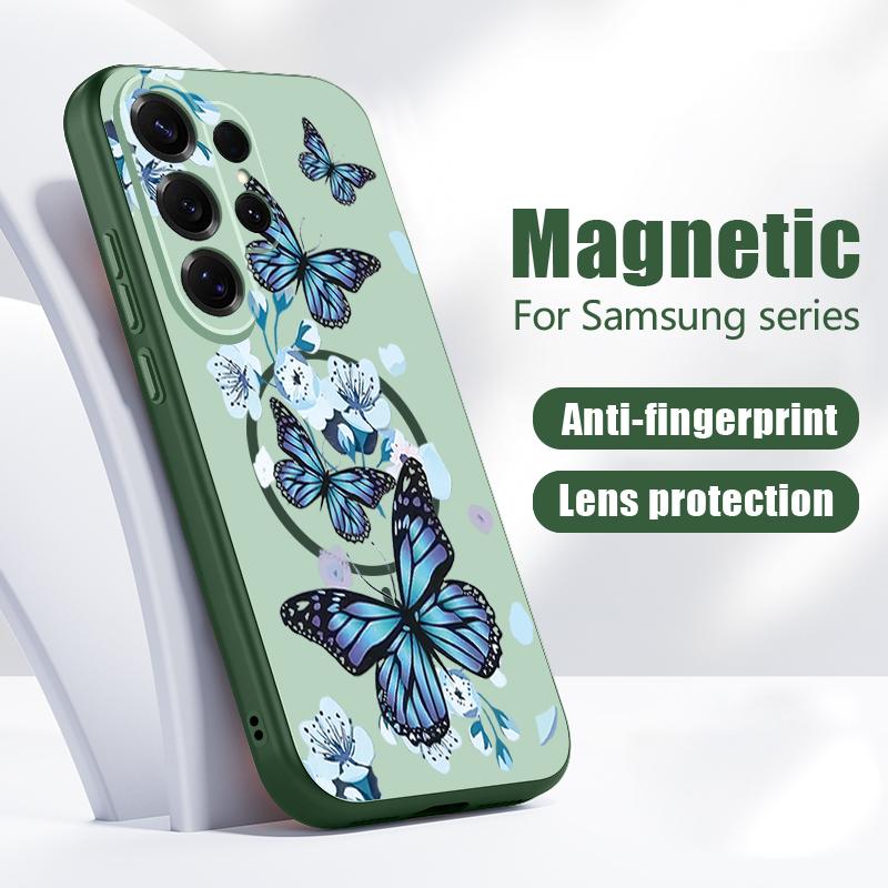Магнитный чехол для Magsafe для Samsung Galaxy S26 Ultra S25 Edge S24 Plus S23 FE S22 A17 A54 A55 A56 A57 5G с узором «Цветы-бабочки»