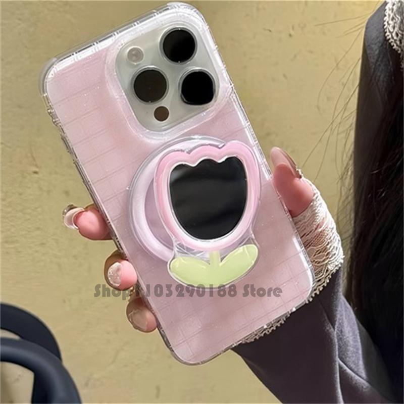 Korean Cute Pink Tulip Mirror Magnetic Holder Grip Tok Griptok Phone Stand Phone Holder Support For iPhone 16 Magsafe Smart Tok