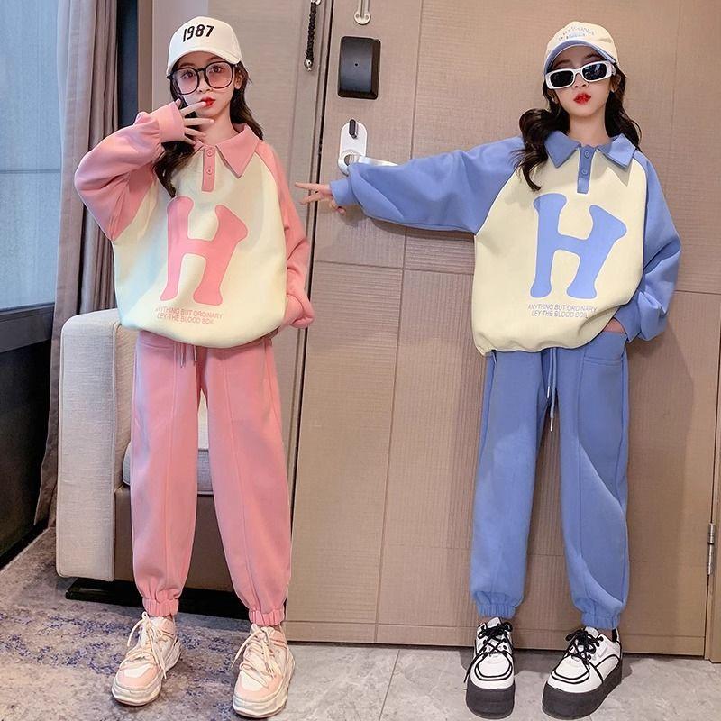 Autumn Spring Girl Cloth Letters Sweatshirt Hooded T-shirt TOP and Bottom Ankle-tied Pant Teens Child Set 8 9 10 11 12 Year