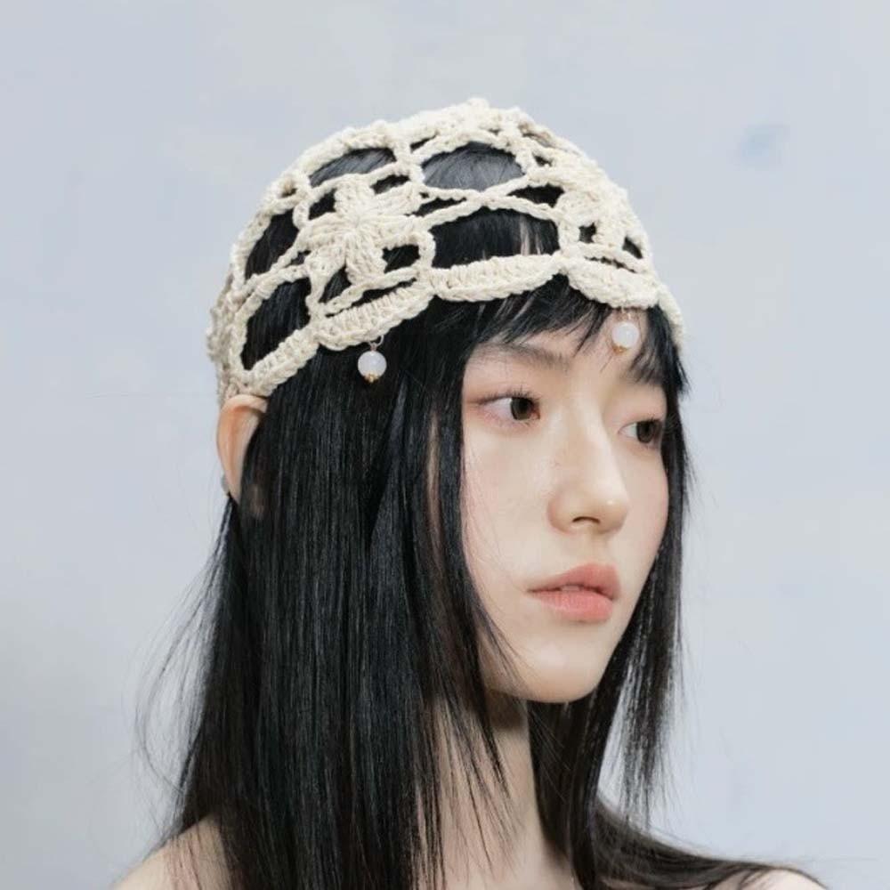 Handmade Crochet Flower Knitted Hat Bohemian Style Woven Cap Cute Hollowed Out Beanie Cap Women