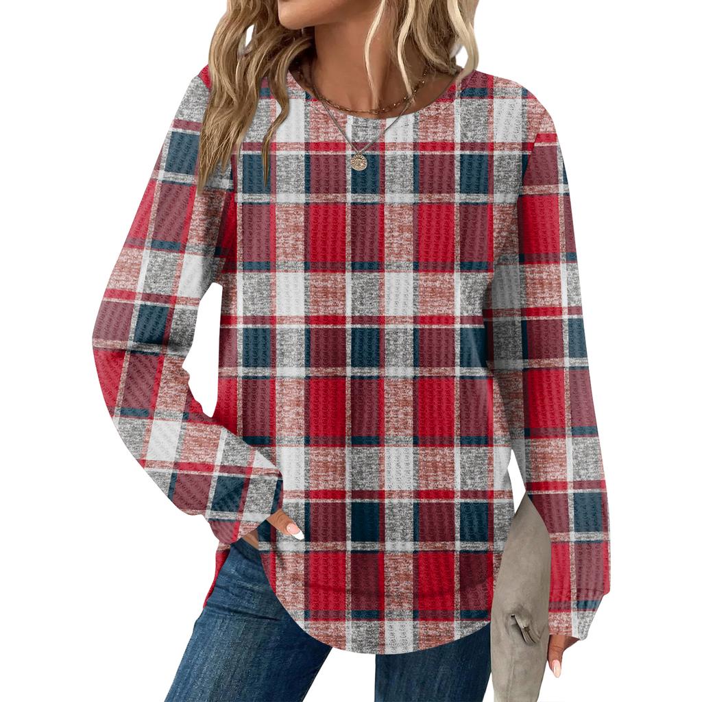 Женский повседневный топ свободного кроя с круглым вырезом и длинными рукавами в клетку