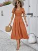 Весна Лето 2024 Женское платье с V-образным вырезом, коротким рукавом, однотонное, в европейско-американском стиле, Diyun