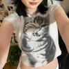 Vintage Harajuku Cat Print Crop Top Basic White Short Sleeve Crewneck T-shirt Women Casual Y2K Tees