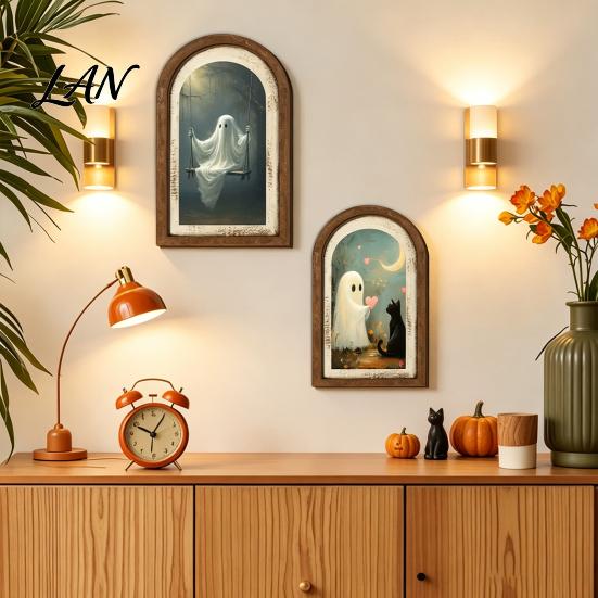 Solid Wood Ghost Ornament Arch Wooden Sign, Cute Halloween Table Rustic Farmhouse Decor Shelf Decor, Decorative Wall Art for Mantel Living Room
