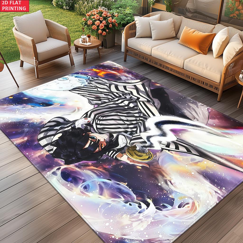 Anime Swordsman Area Rug,Cosmic Nebula Style Floor Mat,Decorative Carpet for Gaming Room Bedroom,Washable Home Decor Gift