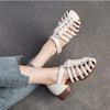 Johnature Genuine Leather Hand Woven Breathable Sandals Retro Round Toe Low Heel Women's Shoes