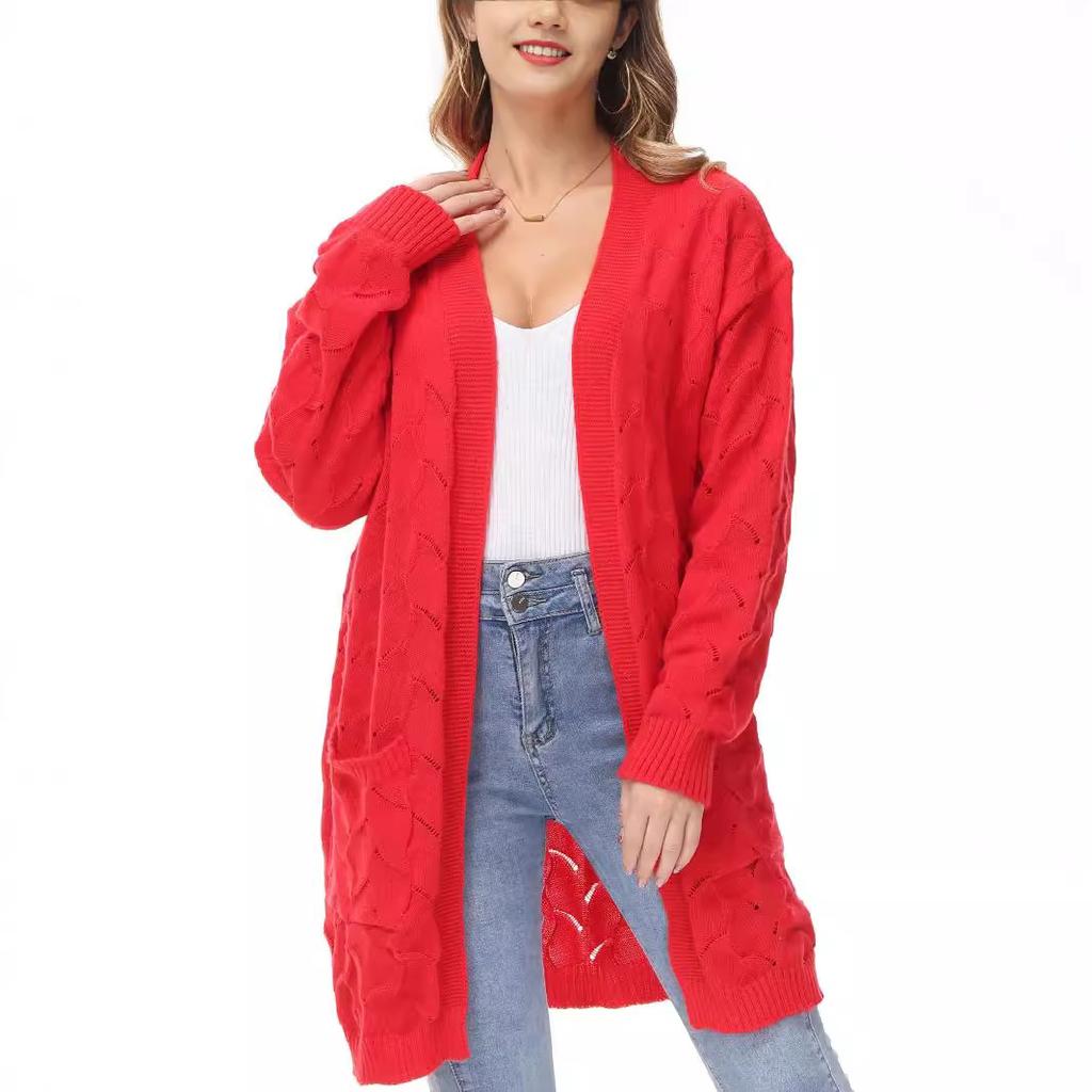 Осенне-зимний женский свитер, свободный вязаный кардиган, красная куртка, длинный, легкий ветер, темперамент, топы