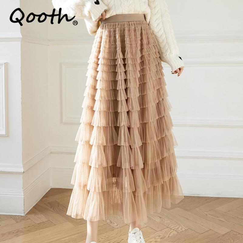 Qooth Осенняя сетчатая пышная длинная юбка в корейском стиле, элегантная винтажная бальное платье с эластичной резинкой на талии и высокой талией, газовая тюлевая юбка QT1989