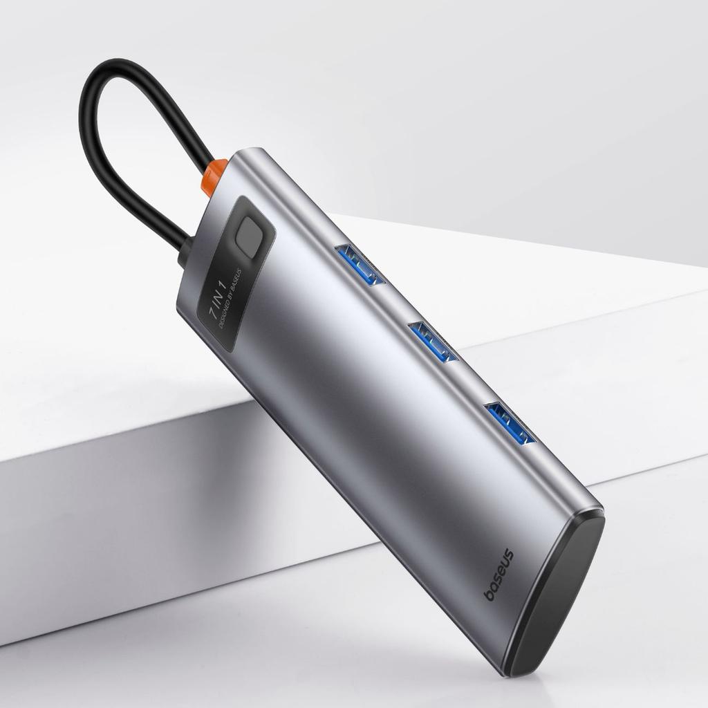 Baseus 7-in-1 Metal Gleam USB-C Hub: Power Delivery, 4K HDMI, USB 3.0 Ports, SD/TF Card Slots – Grey