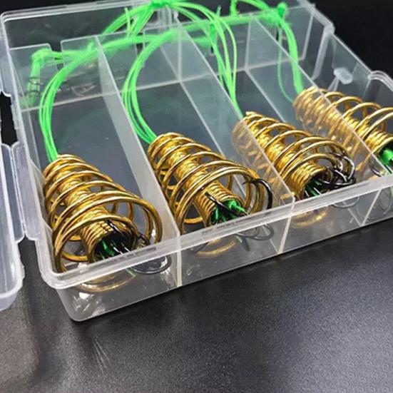 4Pcs/Set Trap Fishing Hook with Spring Carp Feeder Tangle-Free Heavy Duty Green Line Metal Barbed Fish Hook Rig Carp Fishing Accessories