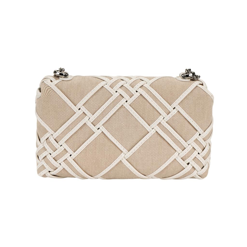 Tory Burch Kira Woven Leather Trim Chain Shoulder Strap Canvas Crossbody Mini Bag Women bags White 154831-250
