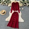 Autumn Winter Women Knitted Sweater Two Piece Set Full Sleeve V-neck Cardigans Coat and Long Midi A-line Skirt Outfits