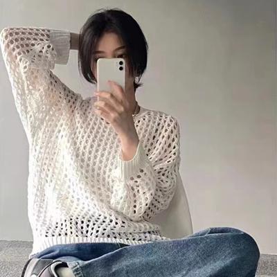 Трикотажная ажурная одежда для защиты от солнца для женщин летом, тонкий и свободный дизайн, нишевый и уникальный, висячий топ с длинными рукавами, топ