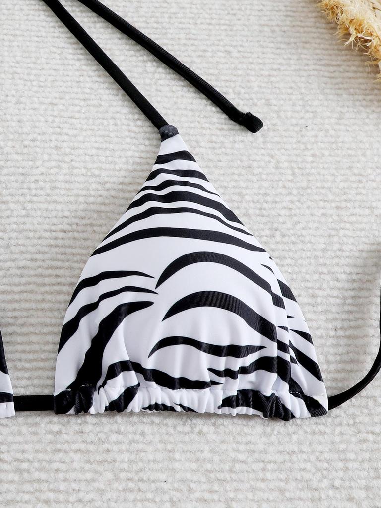 Zebra Print Lace-Up Halter Neck Bikini Swimsuit 2025