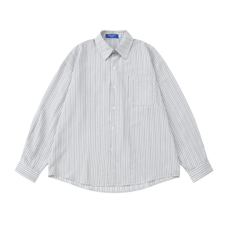 Mens Loose Fit Striped Cotton Shirt Long Sleeve Casual Button-Up Top Fall Streetwear