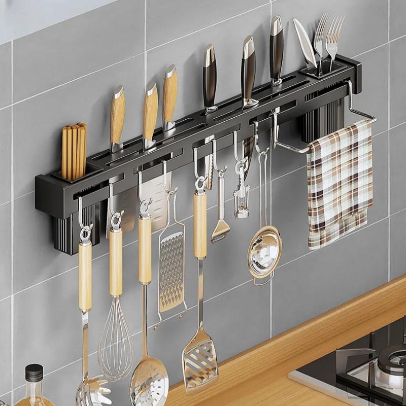 Стойка для хранения кухонных принадлежностей из нержавеющей стали, настенный держатель для ножей, съемная стойка для хранения ножей с несколькими кронштейнами и крючками