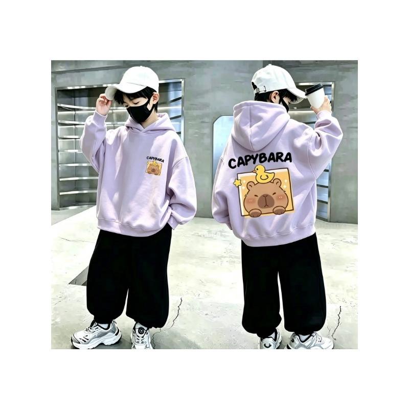 Boys and Girls Casual Pullover Sweater Trend Cartoon Otter Duck Pattern Printed Children's Hooded Sweatshirt for Autumn/Winter