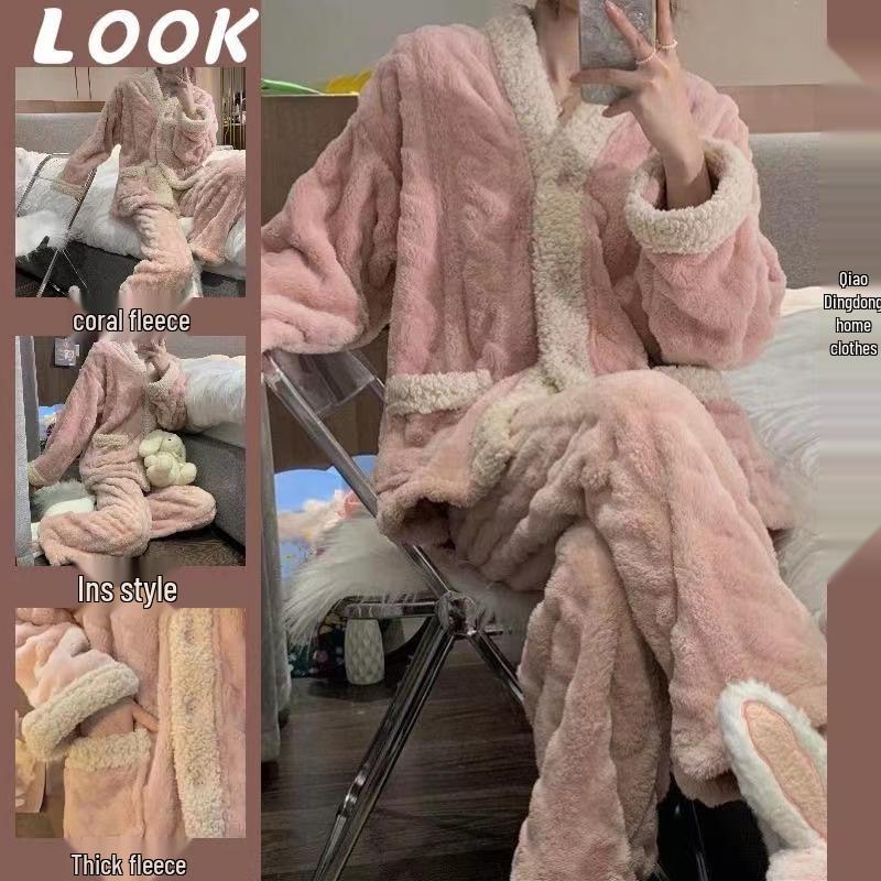 Women's Coral Fleece Pajama Set - Autumn/Winter Flannel Cardigan Style