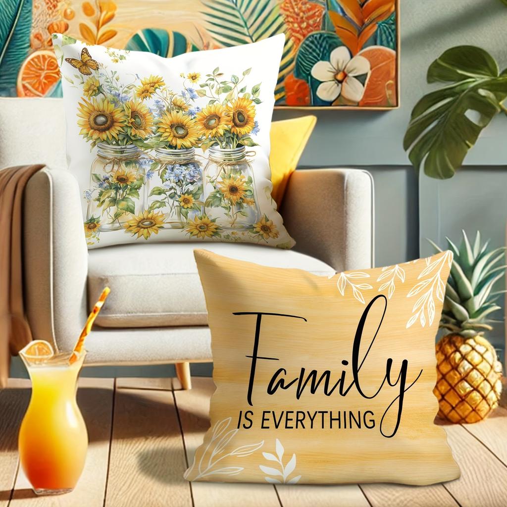 Sunshine-inspired pillow cover: bright sunflowers, smart butterflies and warm family words, sofa cushion cover