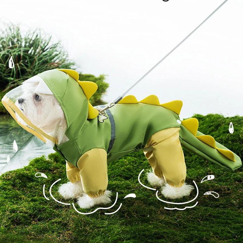 Teddy Cute Dinosaur Raincoat Leashable Bichon Frise Four Legs Waterproof Clothes Pet Rain Reflective Hoodie
