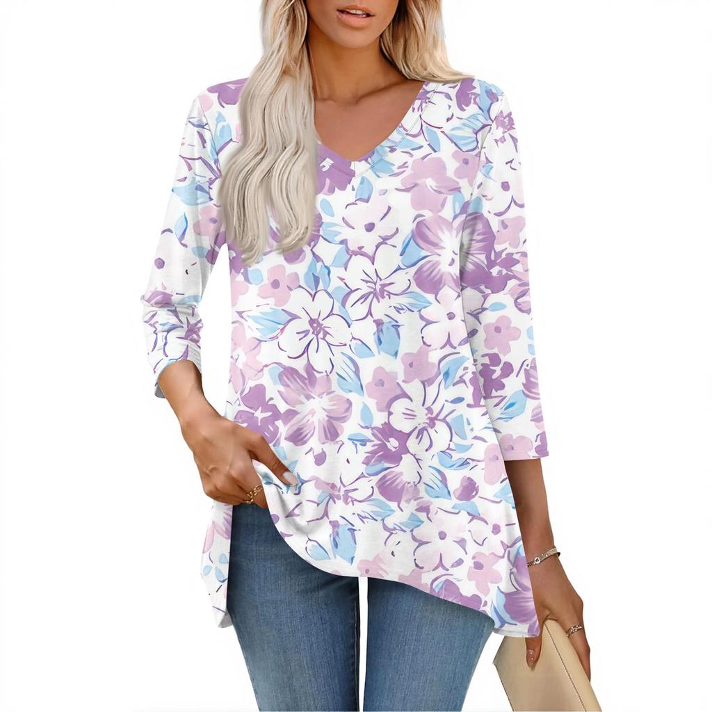 Женские топы с V-образным вырезом и рукавом 3/4, повседневные блузки средней длины, модные туники с принтом