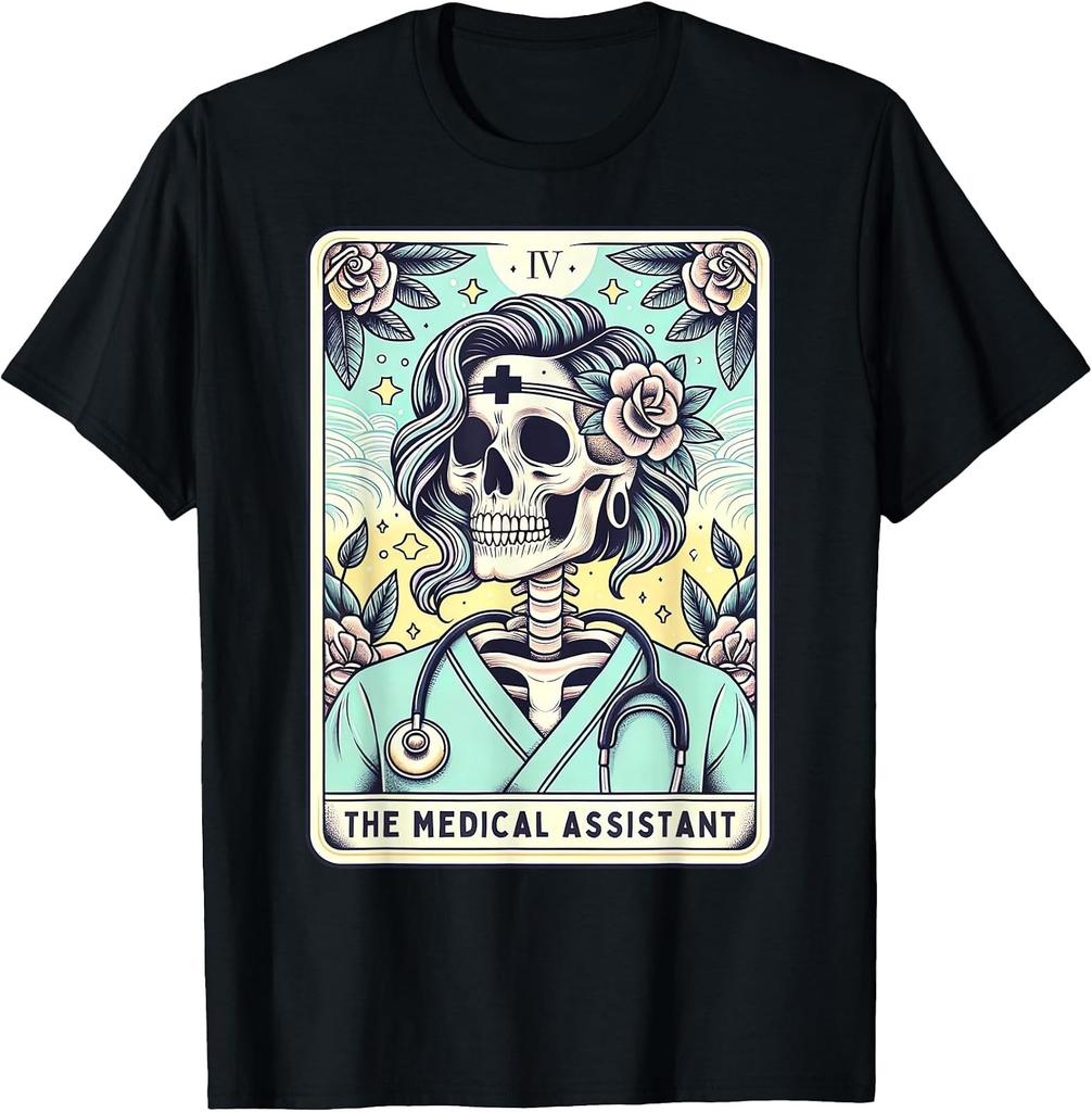 Vintage Nurse Skeleton Tarot Card Graphic Tee for Medical Assistants