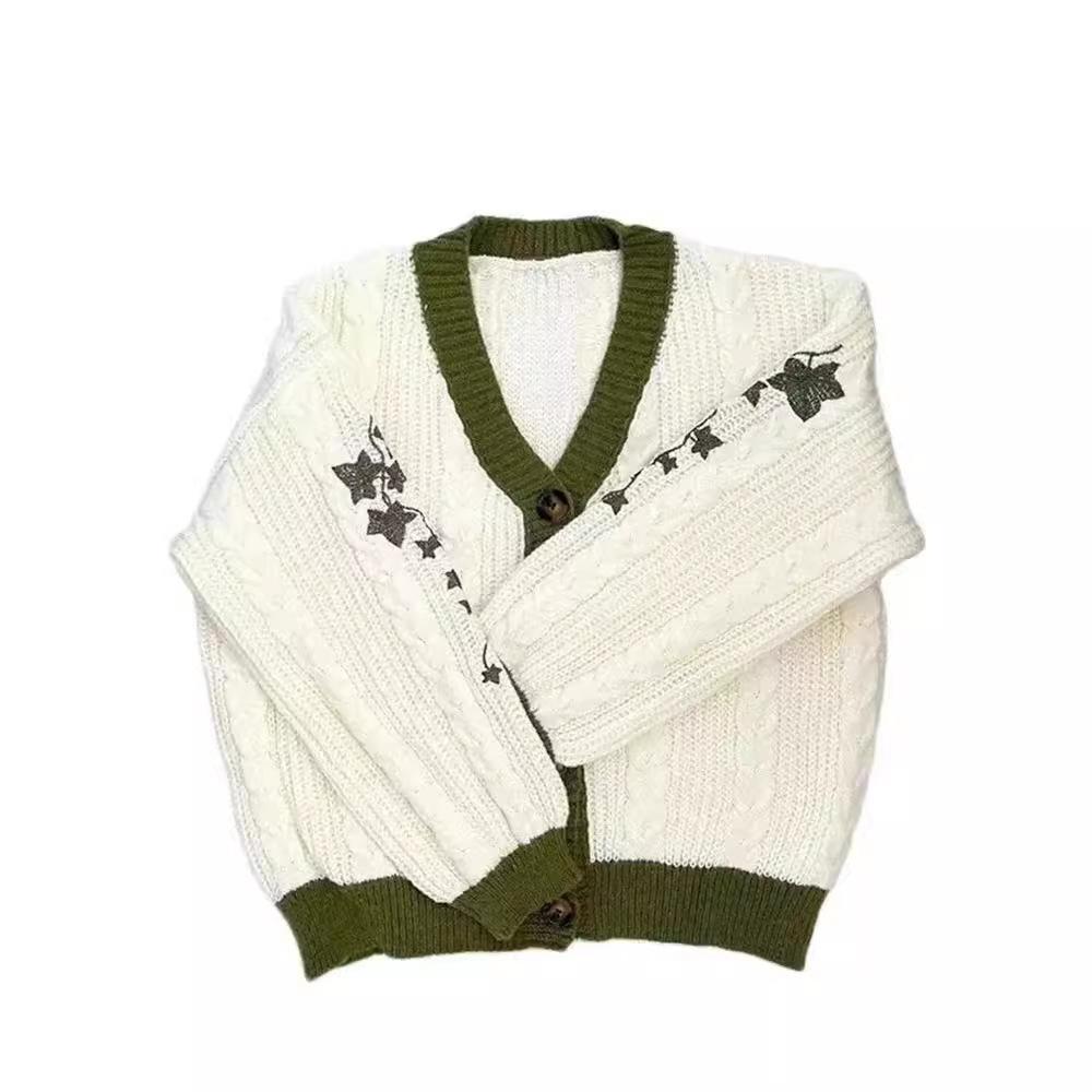 Autumn and Winter Women's Leaf Embroidery Lantern Sleeve Sweater Loose Casual Knit Cardigan