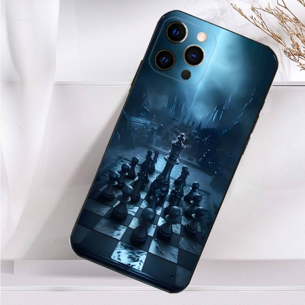 Board Pieces Chess Case For iPhone 16,15,17,14,13,12,11 Plus,Pro Max,XS,X,XR,SE,Mini,8,7 Soft Silicone Black Cover