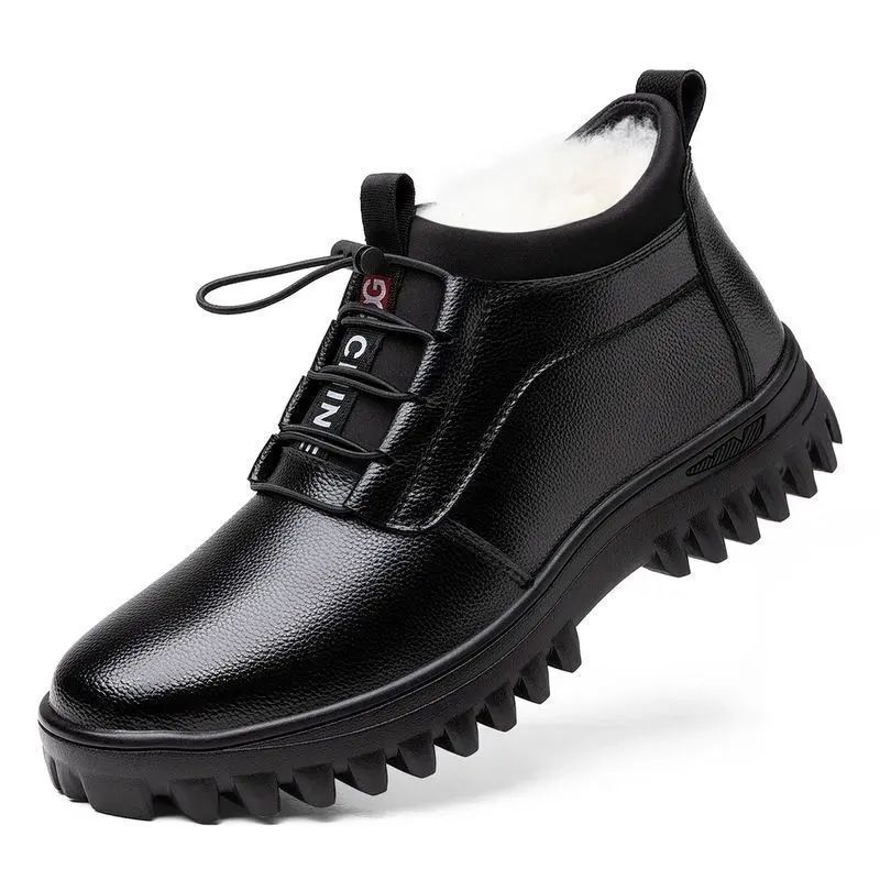 Leather Wool Winter New Leather Thickened Wool Cotton Shoes Men's Non-slip Warm High-top Shoes