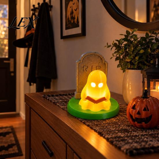 Glowing RIP Tombstone Figure Halloween Ghost Reading Table Lamp, 3D Printed Light Up And Handmade PLA Holiday Decoration Figurine, Spooky Night
