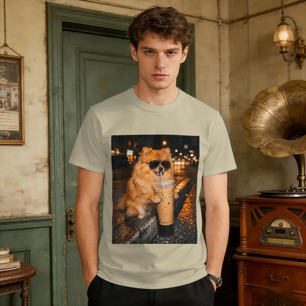 Pomeranian Drinking Iced Coffee Funny Dog Lover Animal Meme Tshirt Bgwrmcj Cotton T Shirt For Unisex Beach Classic Tshirts Tops