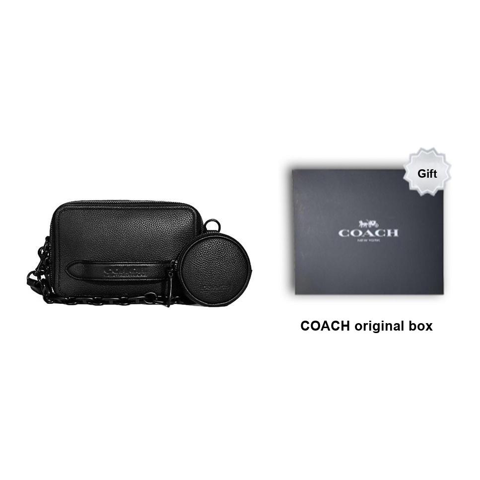 Coach Charter 19 Logo Print Double Layer Chain Wallet Charm Leather Camera Bag Handheld Shoulder Crossbody Bag Small Men bags Black C6293-BLK