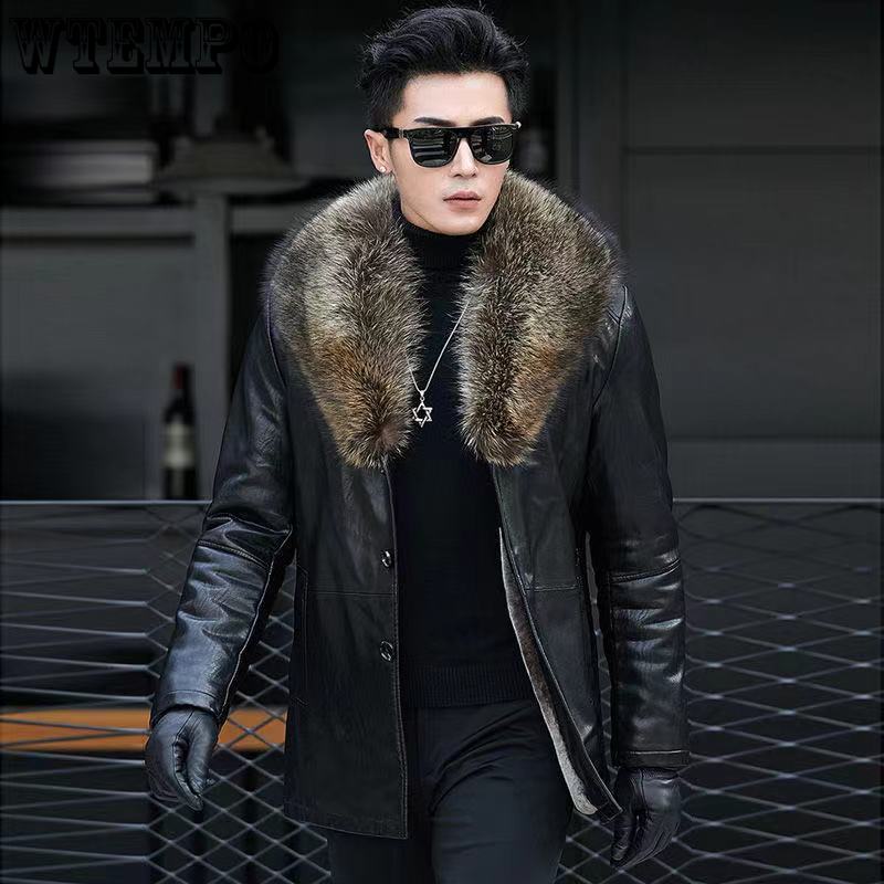 Мужская шуба из меха со съемным воротником из меха енота, модная утепленная зимняя кожаная куртка, мужская кожаная куртка