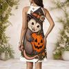 Women Plus Size High Round Neck Sleeveless Vest Dress Cute Hedgehog Pumpkin Printed Gathered Waist Flared Hem