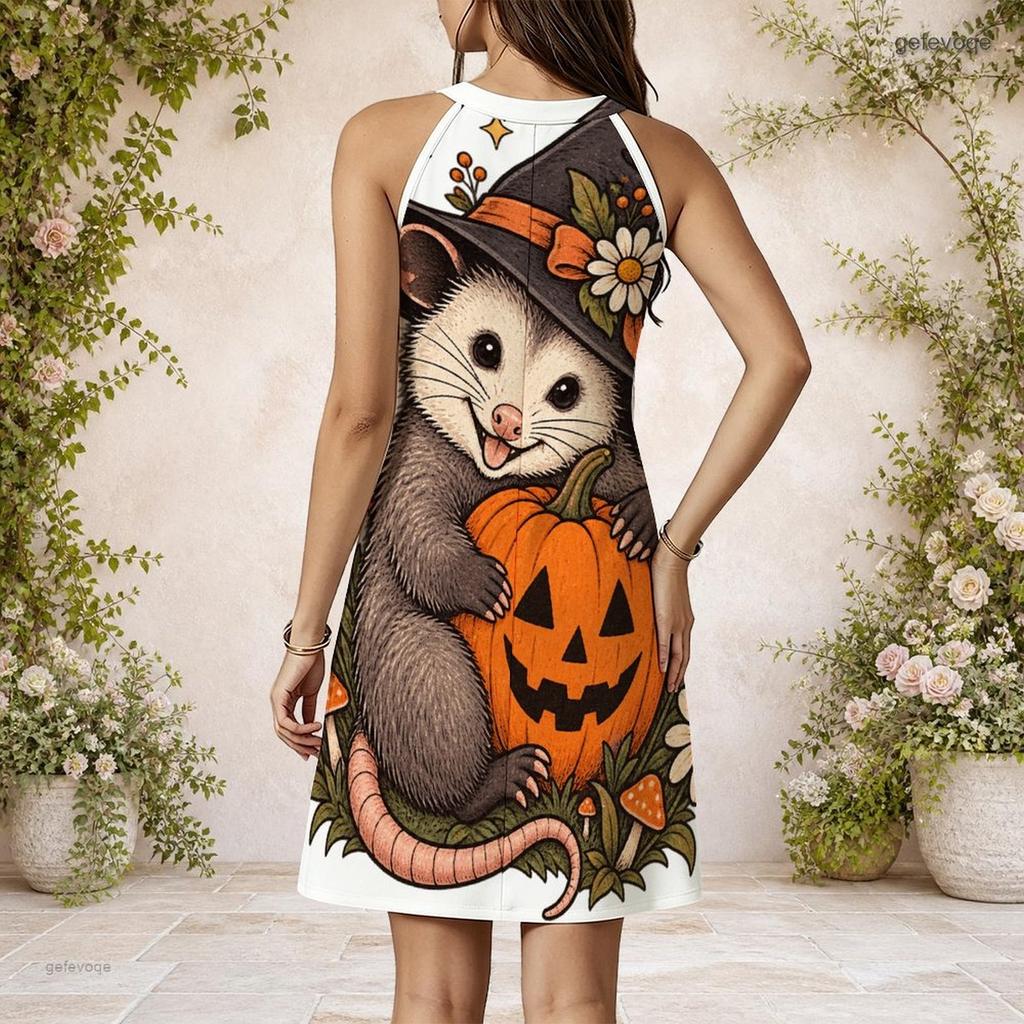Women Plus Size High Round Neck Sleeveless Vest Dress Cute Hedgehog Pumpkin Printed Gathered Waist Flared Hem