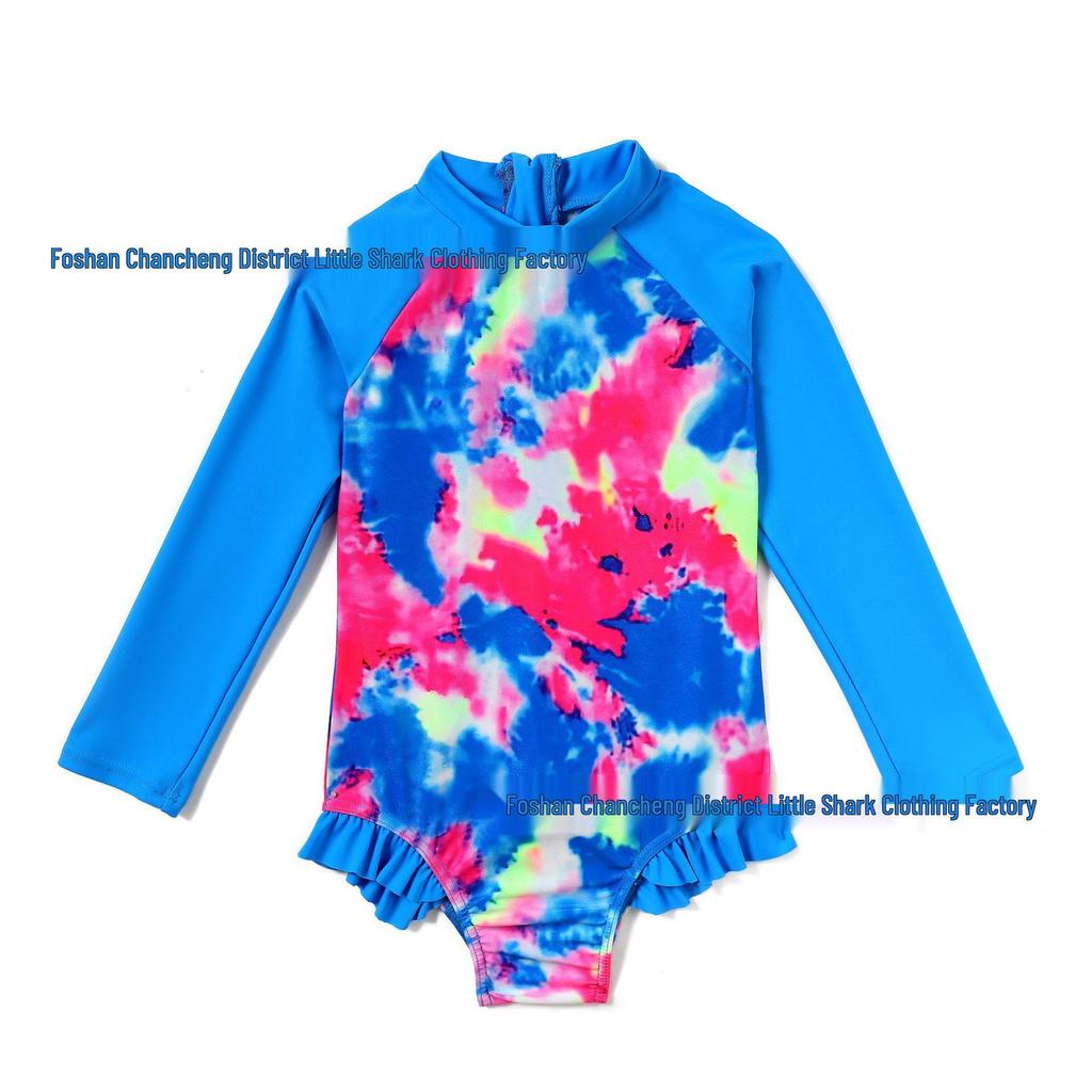 Детский цельный купальник с принтом tie-dye и фламинго, с защитой от солнца