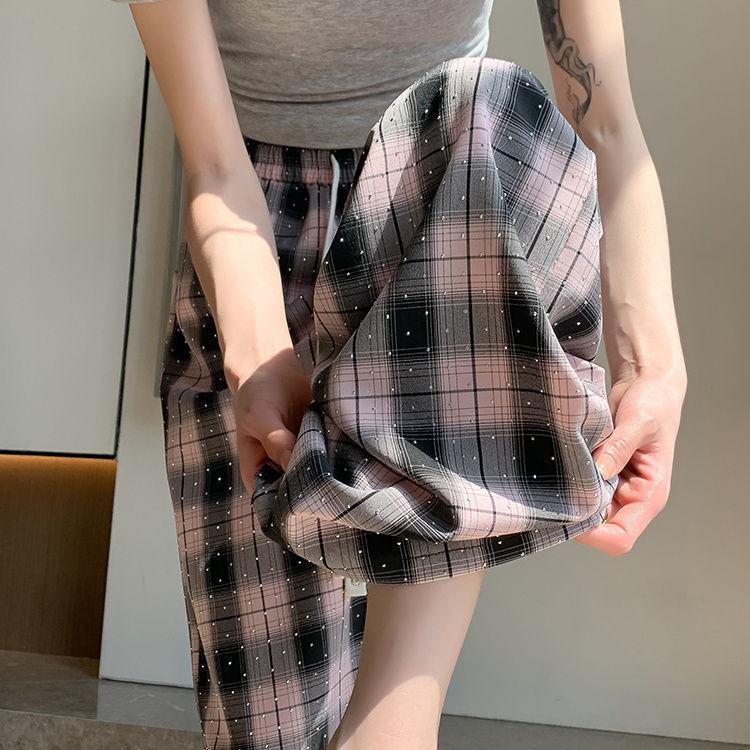 Большие размеры Винтажные клетчатые брюки со стразами Широкие брюки для женщин Летние тонкие брюки с высокой талией и завязками Прямые повседневные брюки