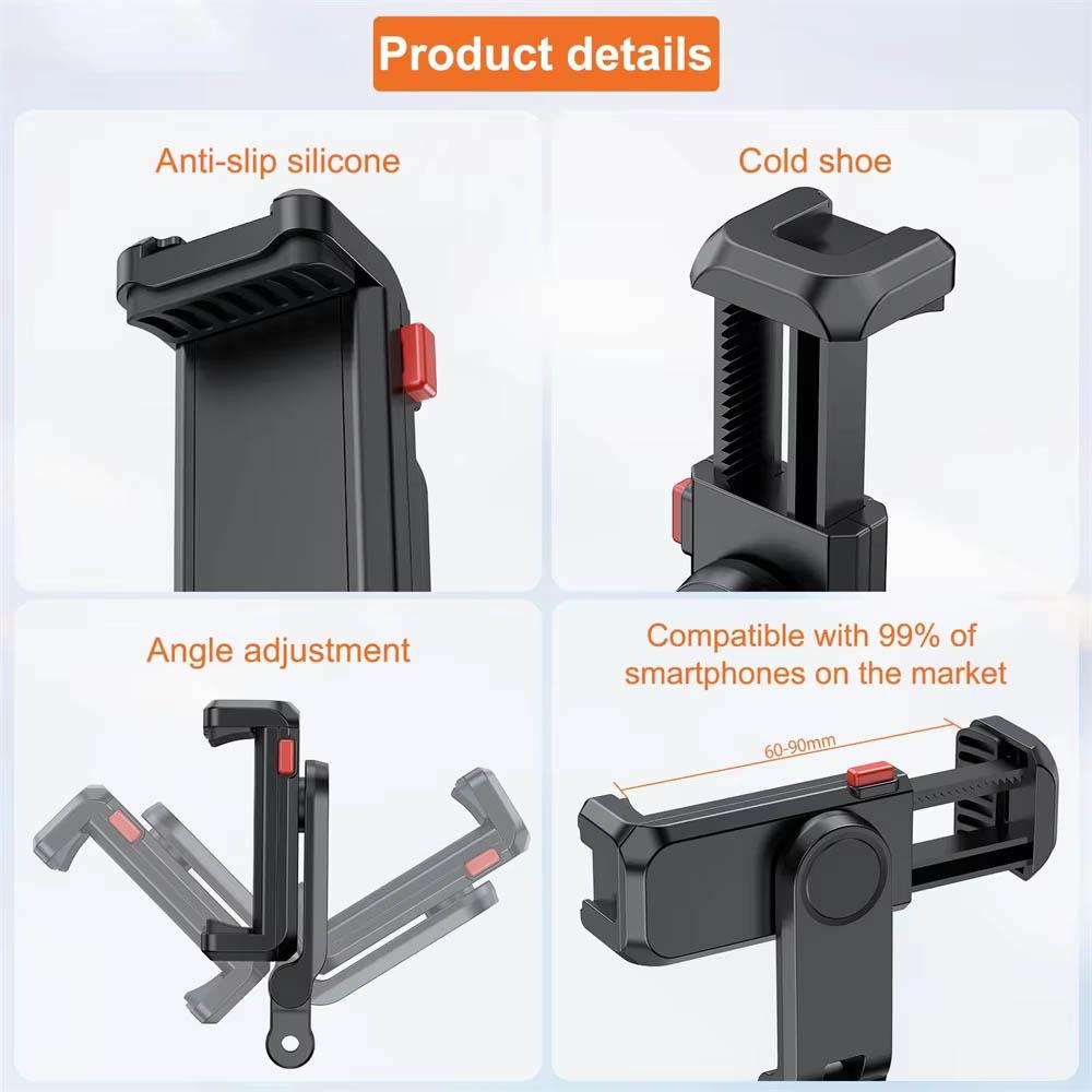 Extendable Desktop Tripod & Phone Holder Kit Smartphone Clamp with Dual Cold Shoe GoPro Style Interface 360° Rotate for Vlog