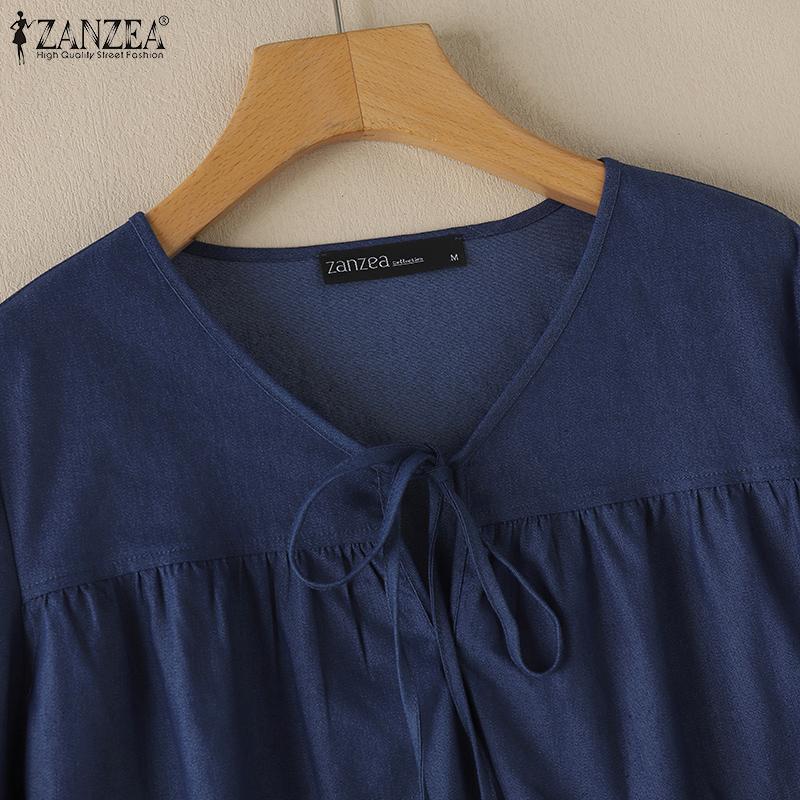 ZANZEA Женская повседневная свободная блузка из синего денима с V-образным вырезом и длинным рукавом
