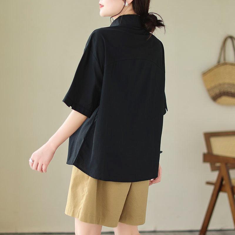Летняя ретро-сорочка с короткими рукавами, нестандартная тонкая рубашка свободного покроя, однотонная, свободного покроя, для женщин