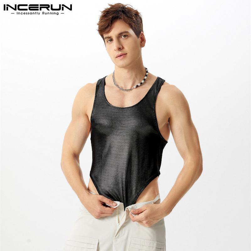 INCERUN Summer Men Glitter Sleeveless Skinny Jumpsuits Party Casual Bodysuits