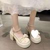 Mary Jane Shoes Women's Spring 2025 New Fashion High Heel Bow Platform Heel Pearl with Skirt Small Leather Shoes
