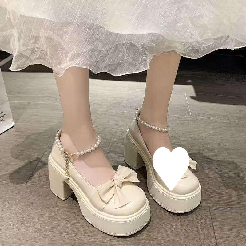 Mary Jane Shoes Women's Spring 2025 New Fashion High Heel Bow Platform Heel Pearl with Skirt Small Leather Shoes