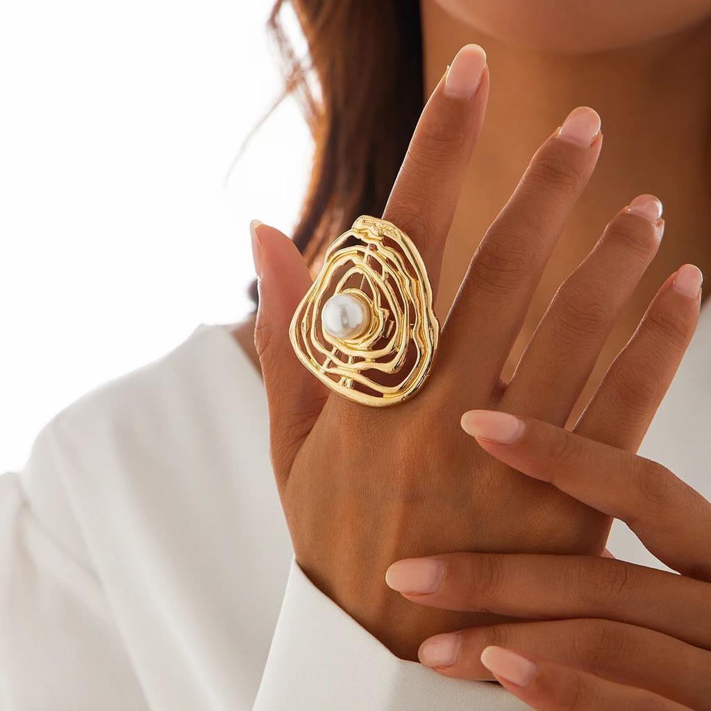 SHIXIN Punk Irregular Geometric Hollow Out Big Round Rings for Women Elegant Imitation Pearls Finger Rings 2026 Fashion Party