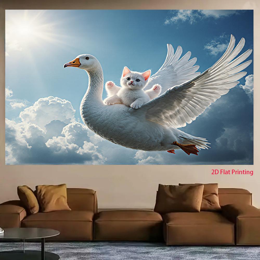 2D plane white cat riding wild goose flying background cloth party holiday decoration Room decoration polyester
