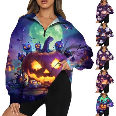 Женская мода повседневная толстовка с длинным рукавом и принтом на молнии с высоким воротом и заниженными плечами