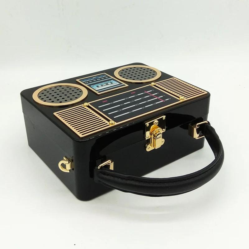 Boutique De FGG Retro Radio Case Box Clutch Black Acrylic Women Fashion Evening Party Totes Purse Shoulder Handbag Crossbody Bag
