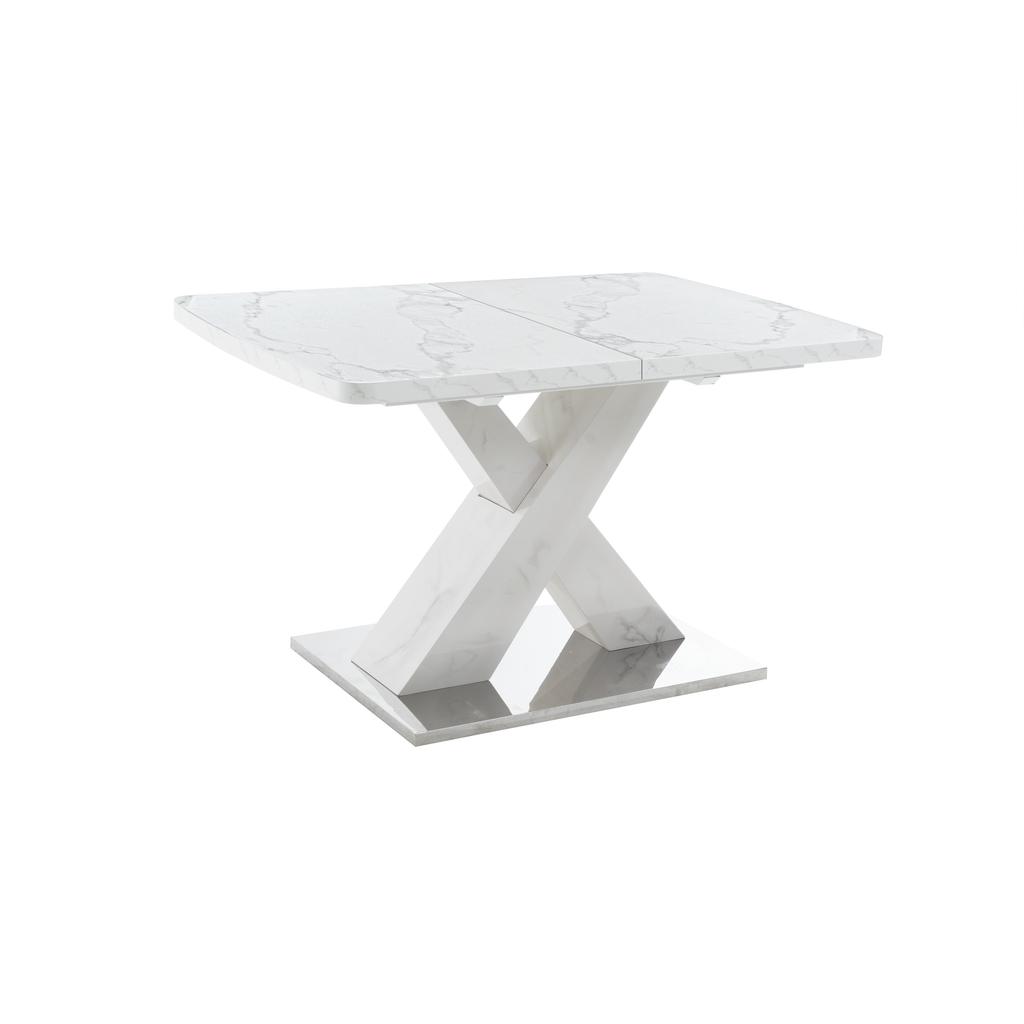 120CM-160CM Modern Rectangle Dining Table, Stretchable, with Printed White Marble Table Top+MDF X-Shape Table Leg with Metal Base