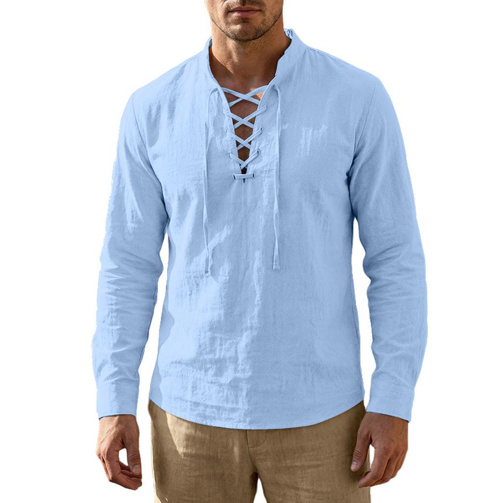 Мужская рубашка-henley с длинным рукавом на шнуровке, повседневная, свободного кроя, пуловер, с воротником-стойкой, легкая, из льна