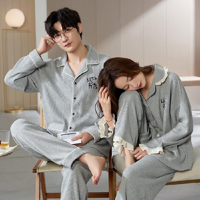 Cute Couple Pajamas: Women's Spring & Autumn Waffle Long Sleeves and Men's Casual Large Size Homewear